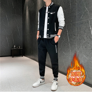 2020加厚加绒冬装棒球服套装休闲羊羔绒情侣男A163-585-P110