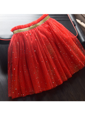 2025秋冬女童亮闪闪红色半身裙 儿童蓬蓬纱裙 洋气小女孩网纱短裙