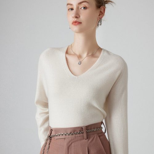无缝羊毛衫女纯色V领内搭毛衣
