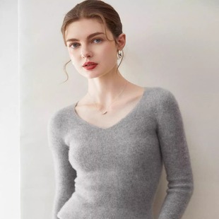 女 显瘦针织打底羊绒衫 鄂尔多斯市可机洗一线成衣羊毛衫 女V领修身
