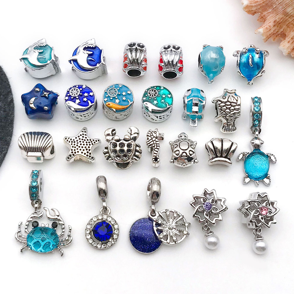 韩系可爱滴油蓝色海洋系列海星海马螃蟹串珠手链散珠挂件饰品配件