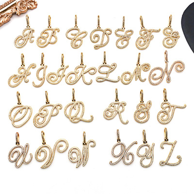 欧美嘻哈吊坠花体草体英文字母吊坠kc金铜质26点钻字母diy项链