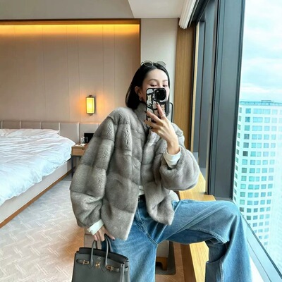 2025新款进口天鹅绒水貂皮草外套女短款立领裘皮大衣