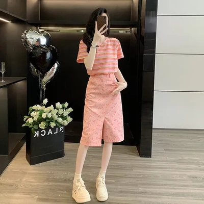 小套装上衣女牛仔裙条纹两件套短袖开叉夏日绝美粉色洋气减龄俏皮