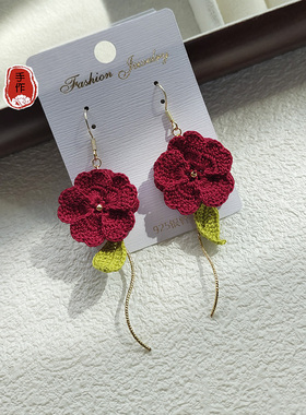 复古S925银耳钩山茶花朵耳环出游度假饰品时尚蕾丝线编织材料包