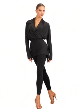 ZS拉丁舞裙宽松开叉 舞蹈练习长袖练功服成人女舞蹈连衣短裙 L470