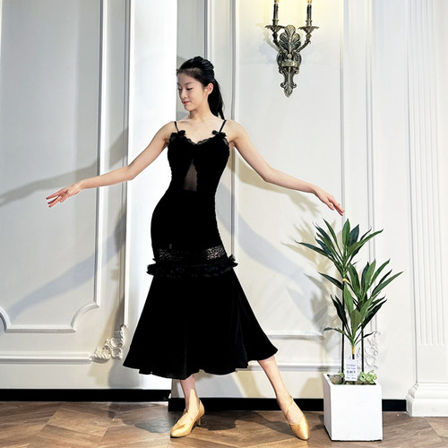 ZS摩登舞服半身成人女国标舞艺考裙舞蹈练习包臀蕾丝鱼尾长裙 M44