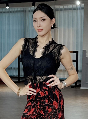 ZS辣妹风黑蕾丝】拉丁舞无袖美背连体衣成人女跳舞宽松上衣 Y400