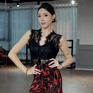ZS辣妹风黑蕾丝】拉丁舞无袖美背连体衣成人女跳舞宽松上衣 Y400