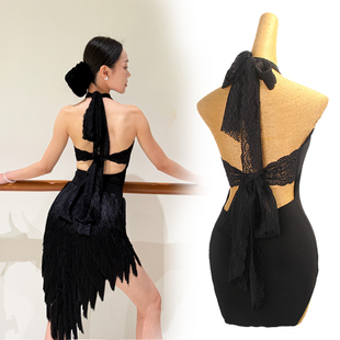 ZS斜肩蕾丝 Y359 拉丁舞摩登舞美背上衣露背连体服国标舞蹈服装