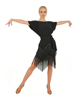 ZS拉丁舞服装女成人修身显瘦宽松短袖练功服班服连衣流苏短裙L286