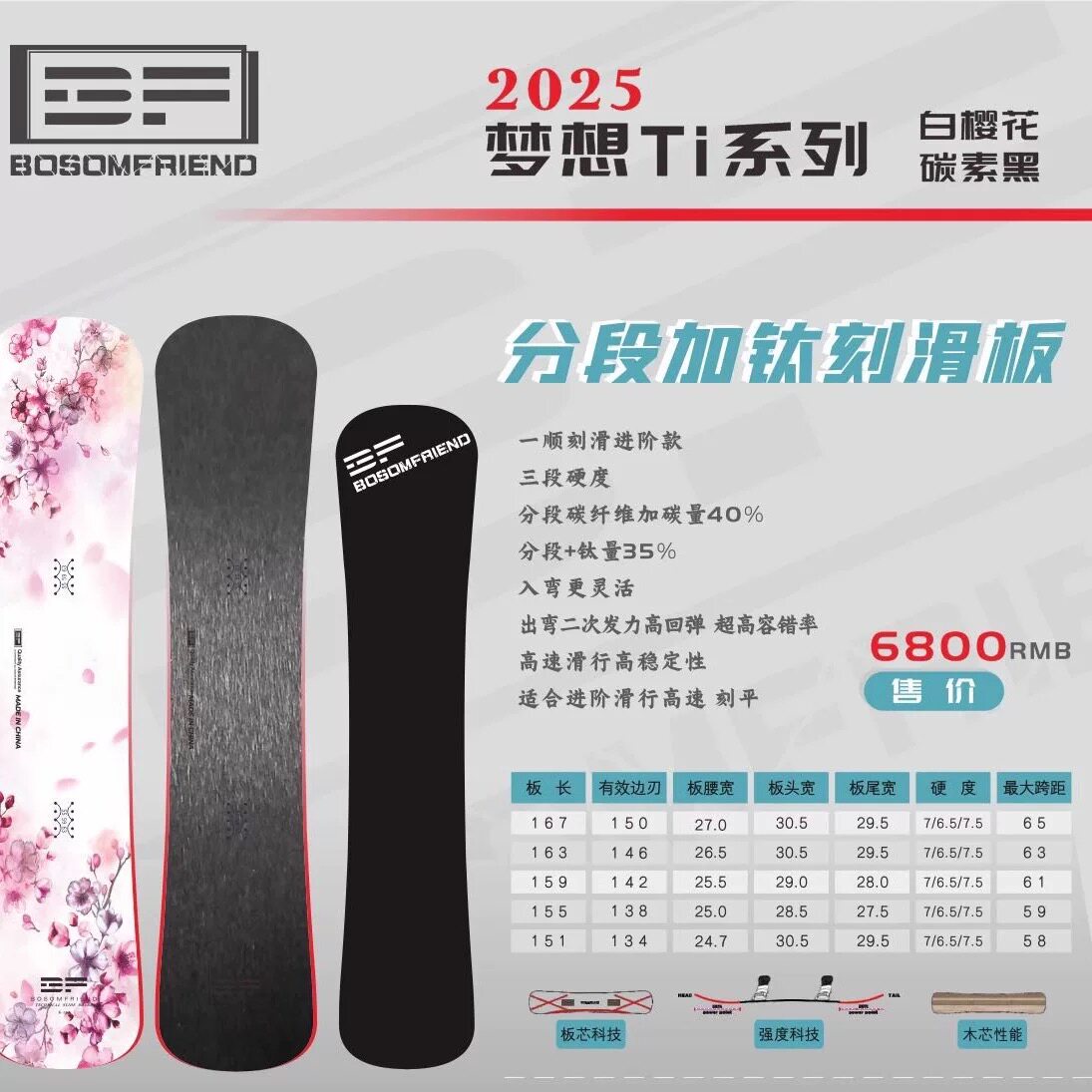 BF 25/26新款BF 滑雪板白樱花 加钛刻滑一顺滑雪板单板现货