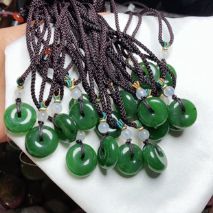 S 225俄料天然和田玉碧玉吊坠平安扣15mm面包扣锁骨链乌兰海编绳