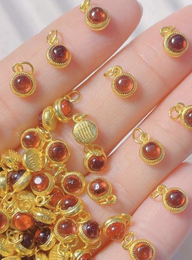 B837 S925银古法银镀金滴流五条经镶嵌天然石榴石蛋面挂坠配件6mm