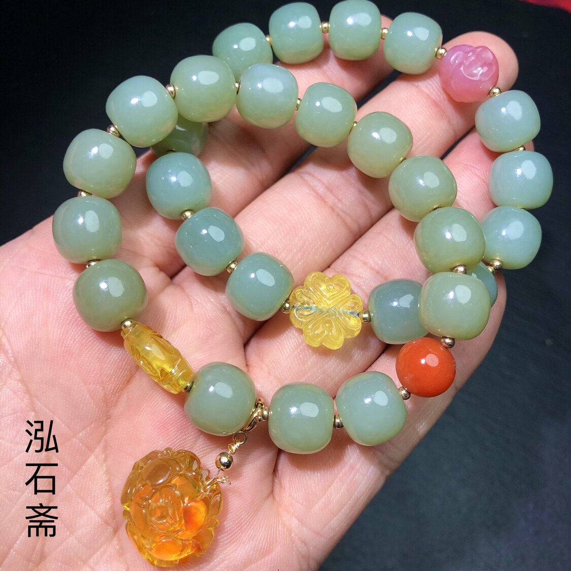 天然和田玉且末蓝老型珠手链原创盐源佛头蜜蜡吊坠滴流手串新疆
