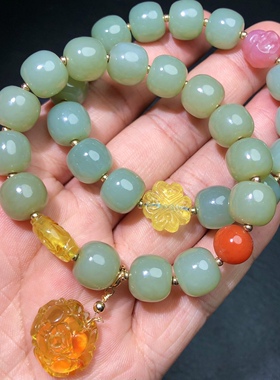 天然和田玉且末蓝老型珠手链原创盐源佛头蜜蜡吊坠滴流手串新疆