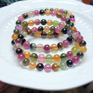 T397 玻璃体糖果老料天然碧玺单圈手链彩虹色手串约6-7mm