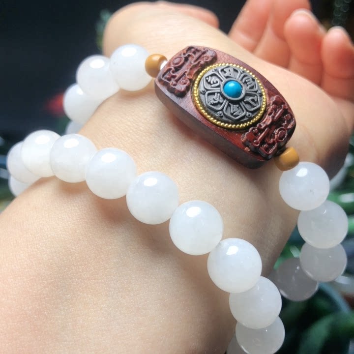 d694天然和田玉手链手牌六字真言9mm转动