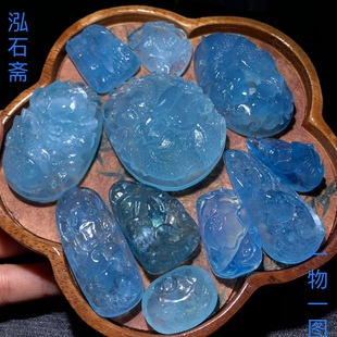 1A579 天然海蓝宝吊坠一物一图变态蓝仙冰蓝挂件山水龙凤凰花编绳