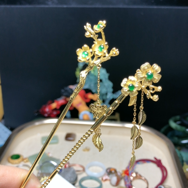 天然a货翡翠发簪925银帝王绿礼品