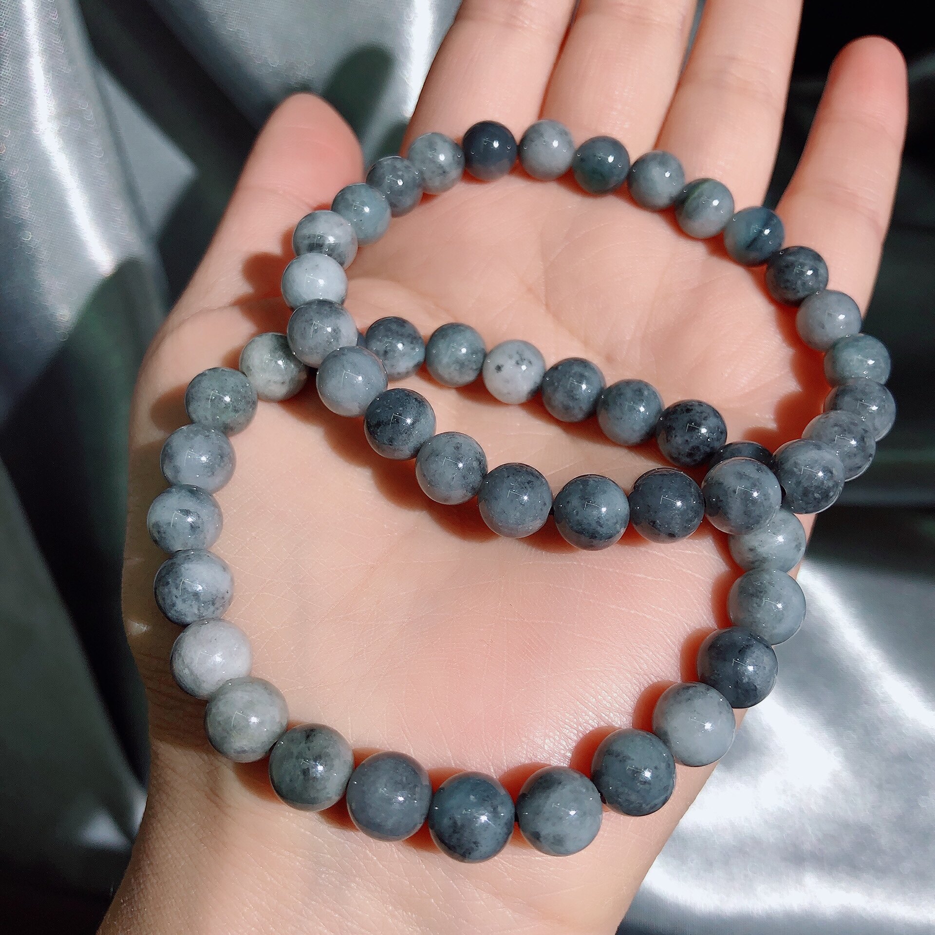 泓石斋 缅甸天然a货翡翠手链乌鸡种飘花圆珠手链水墨风手串珠 7mm