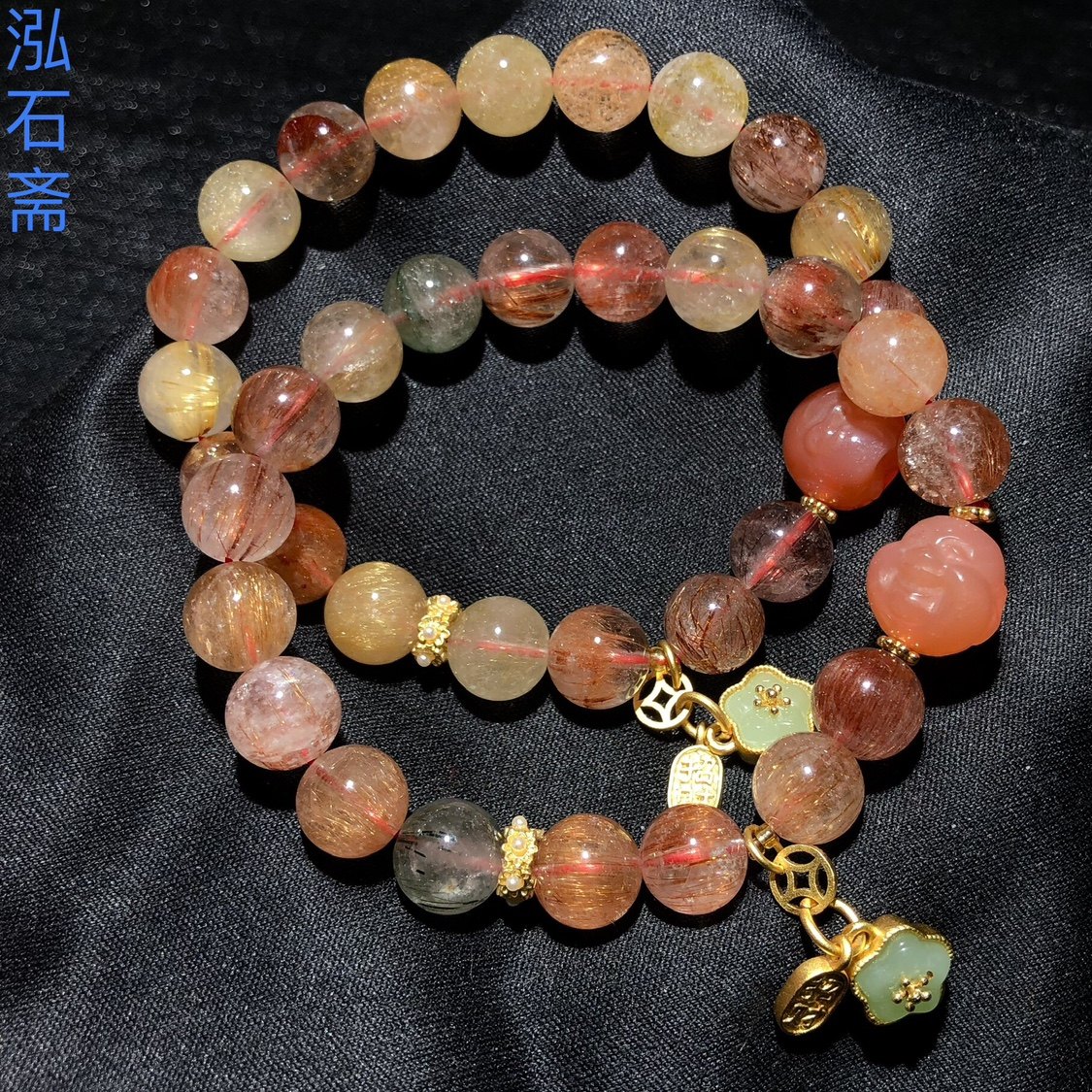 1A803 天然彩发晶手链串原创盐源玛瑙佛头单圈9-10mm吸金暴力财