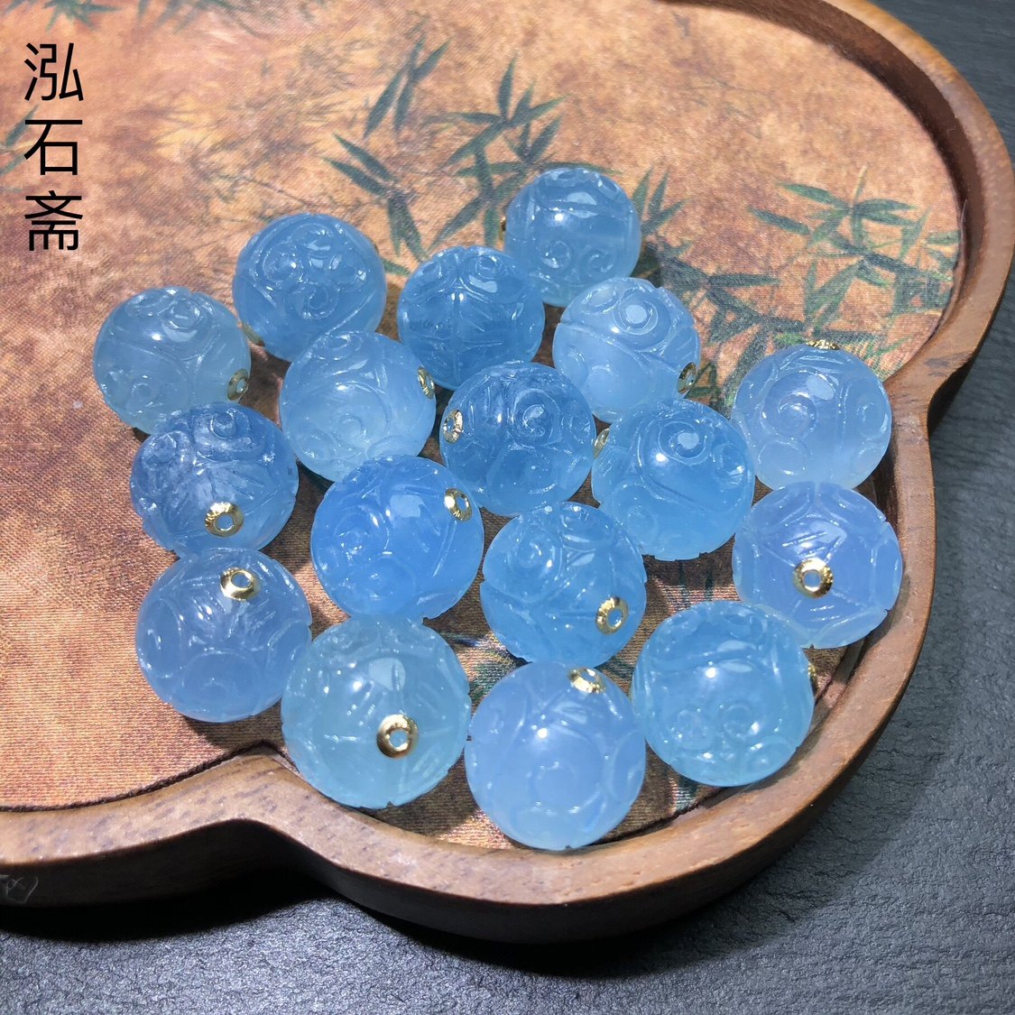 ZZ0128 天然海蓝宝回纹珠18k金吊坠14mm散珠通孔路路通配件