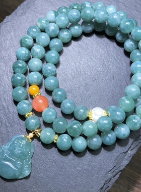 天然A货翡翠蓝水小猫爪款佛公款三圈手串雪花棉冰透玉石 v