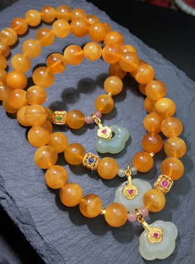 OO0663 天然蜜蜡手链妖花鸡油黄手串8mm琥珀单圈原创和田玉如意