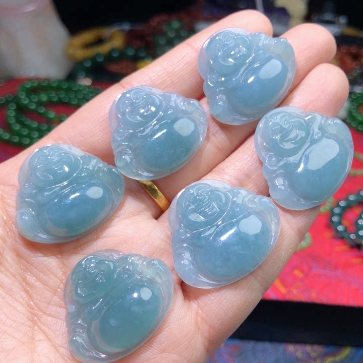 NN0219 天然A货翡翠蓝水佛公吊坠天空蓝挂件弥勒佛25-28mm 编绳