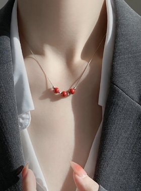 Q194朱砂锁骨链S925银帝王红砂圆珠项链原矿高含量小精品6mm