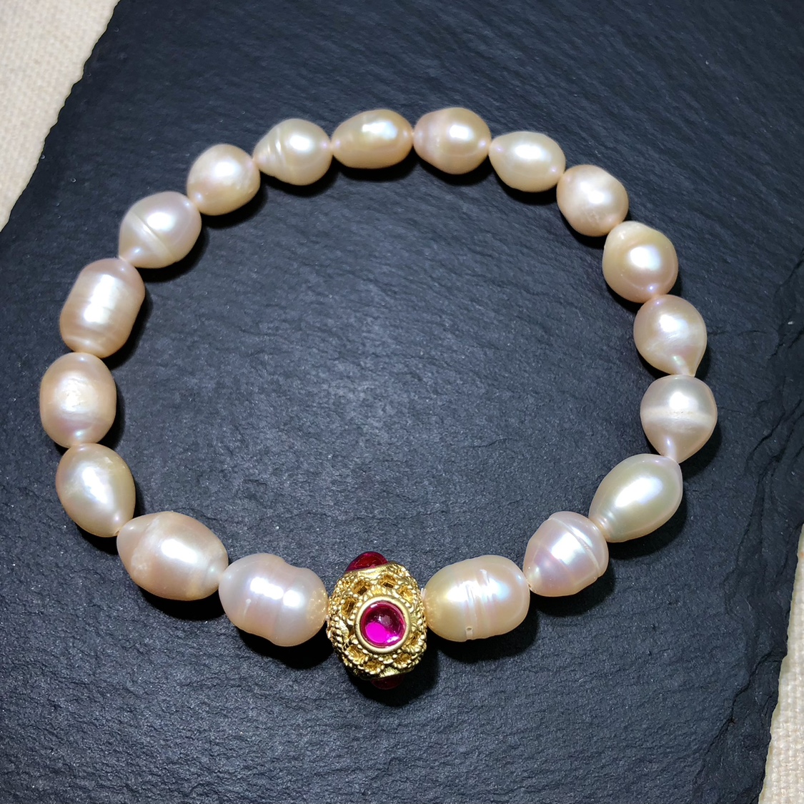 天然珍珠手链淡水珠紫粉色珍珠首饰单圈桶珠巴洛克