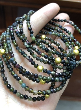 P199 天然碧玺单圈手链黑玫瑰碧玺小米珠3-4mm彩虹迷你彩宝首饰串