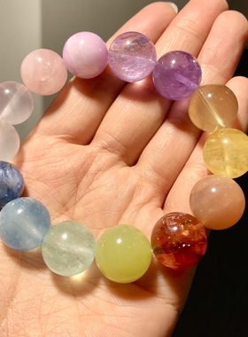 GG0807 天然水晶多宝手链13-14mm海蓝宝紫锂辉白紫黄粉水晶胶花