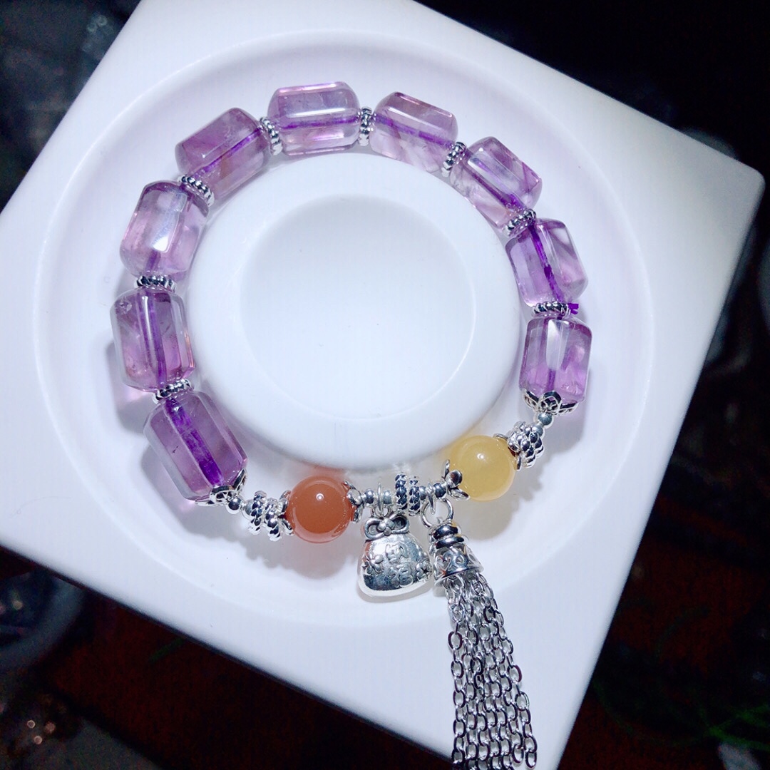 AA0008 天然紫水晶手链8/14mm桶珠玻璃体水晶首饰礼物流苏款