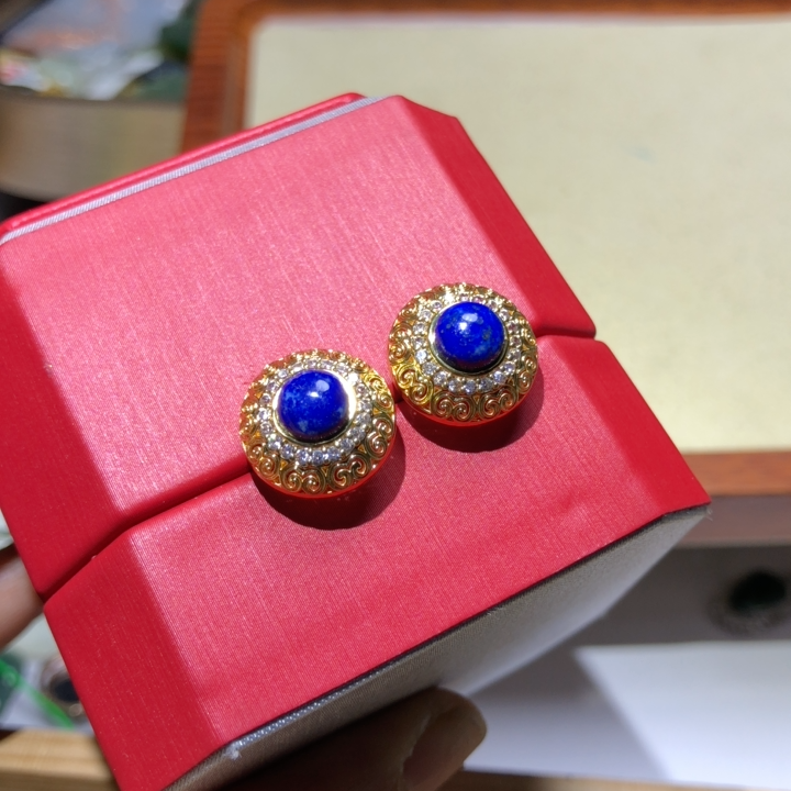 T749 天然青金石耳钉复古款5-6mm耳饰女百搭简约