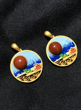 20A96 天然南红玛瑙吊坠圆牌素锦19mm925银景泰蓝烤蓝挂件首饰