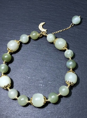 u416 天然和田玉单圈手链原创月亮款滴流流苏设计款约8/10mm