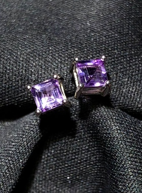 1A578 天然紫水晶公主方耳钉s925银5mm方糖刻面耳饰礼物女紫色