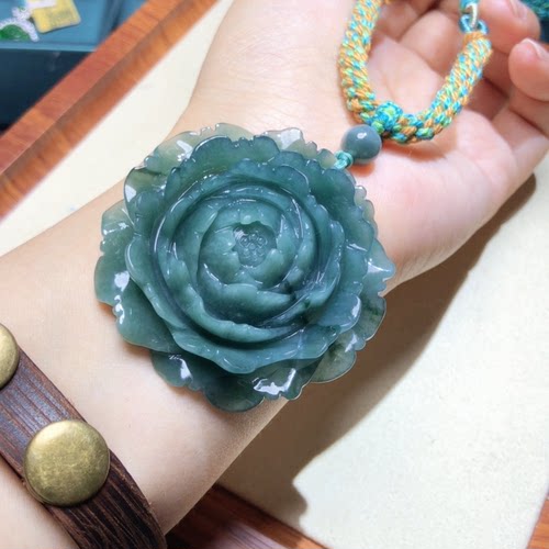 工厂价 天然a货翡翠蓝水牡丹花开毛衣链吊坠项链可调节约4-5cm