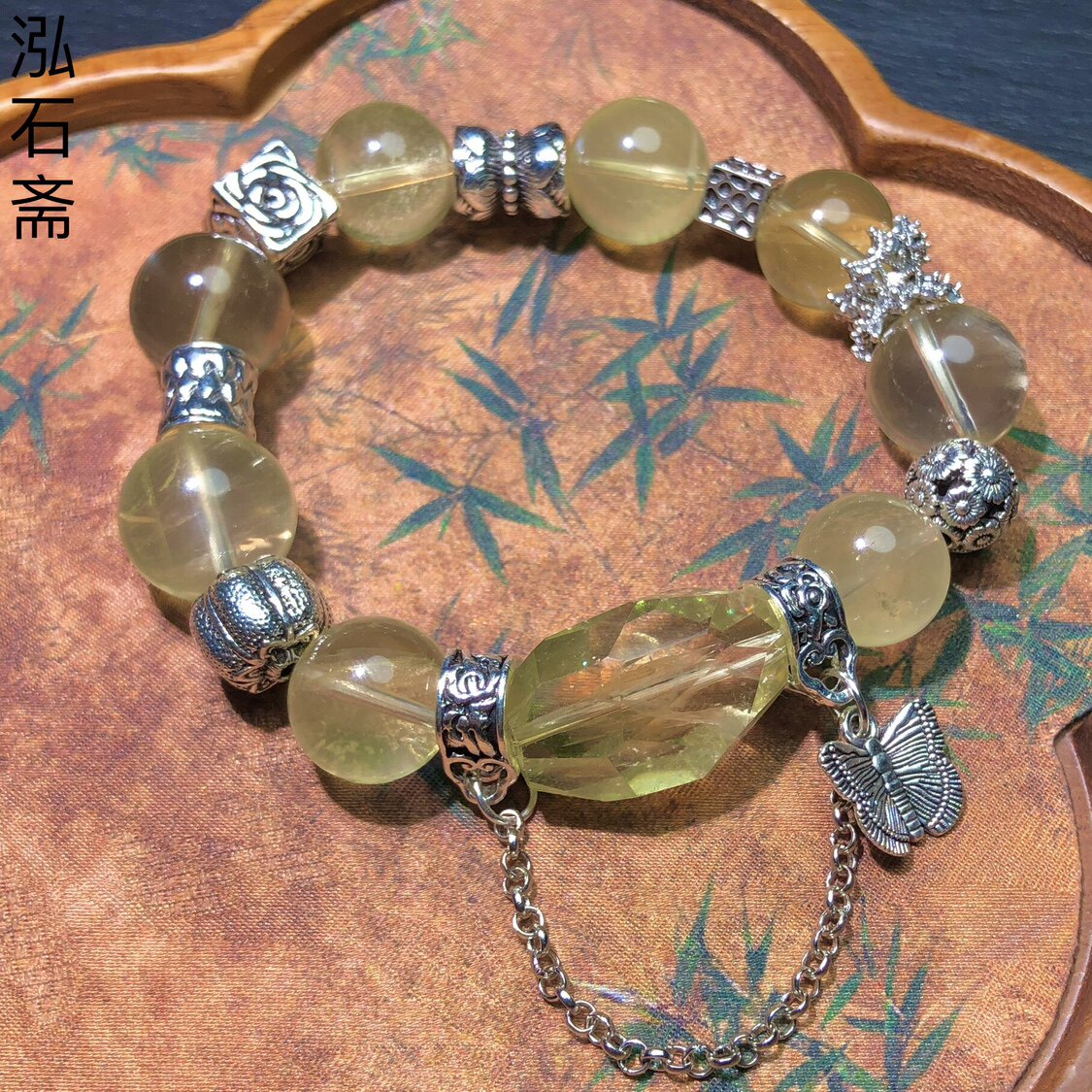 UU0583 天然黄水晶手链串13-14mm柠檬黄糖块随行单圈藏银仿老银