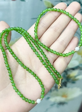 K081 天然和田玉碧玉锁骨链手链苹果绿猕猴桃仙果绿4mm925银套