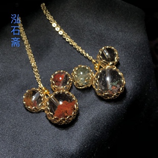 1A487 天然彩幽灵吊坠财神鬼佬聚宝盆红绿彩水晶9/13mm锁骨项链