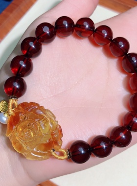 泓石斋 天然血珀圆珠手链原创蜜蜡牡丹花单圈琥珀手串单圈8mm