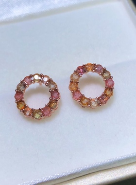 B325天然碧玺耳钉925银钉甜甜圈糖果色玻璃体老料