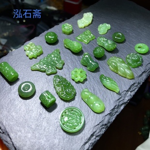 天然和田玉碧玉路路通 散珠配件 苹果绿 雕刻回纹桶珠约8mm有坑洞