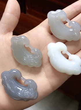 P439 天然和田玉烟紫如意锁雕花吊坠项链白玉厚装肉扣3cm编绳