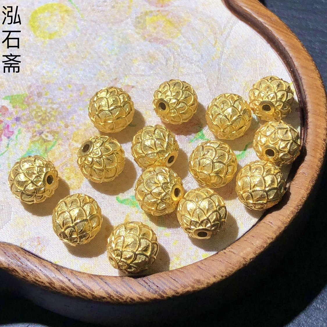 #39 古法银镀金s925银莲花转运珠通孔配件散单珠9mm隔珠手工编绳