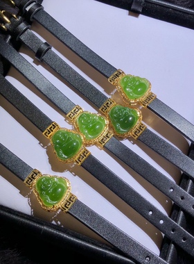 GG0844 天然和田玉碧玉佛公手表活口可调节s925银18mm阳绿皮手链