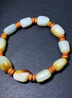 Q005天然和田玉手链原石黄沁皮随形状手串仿籽料约11mm